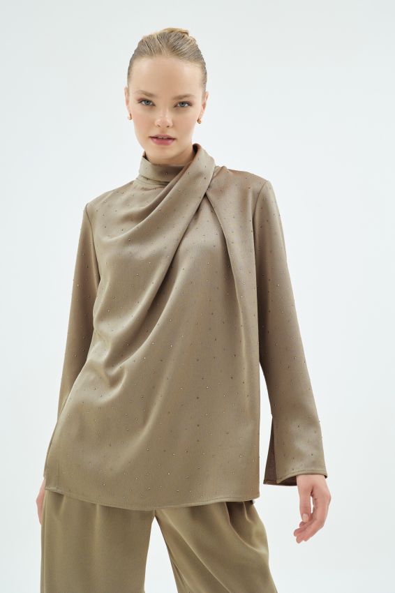 CRISTALLE TAŞLI BLUZ CAMEL